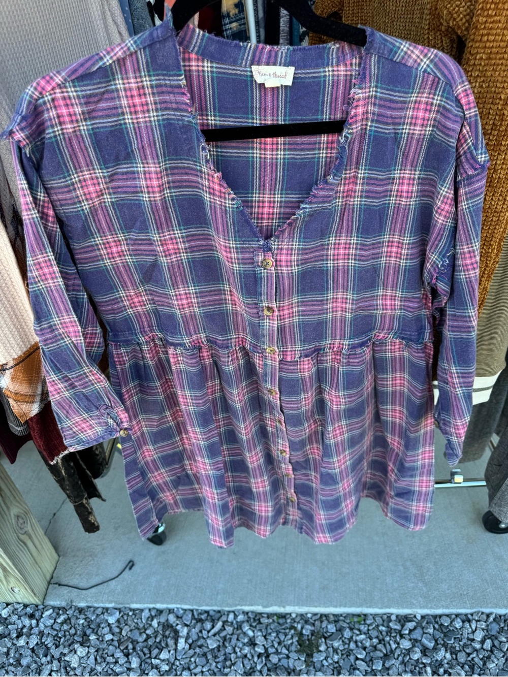 Hem & Thread Purple and Pink Plaid Button-Front Casual Dress